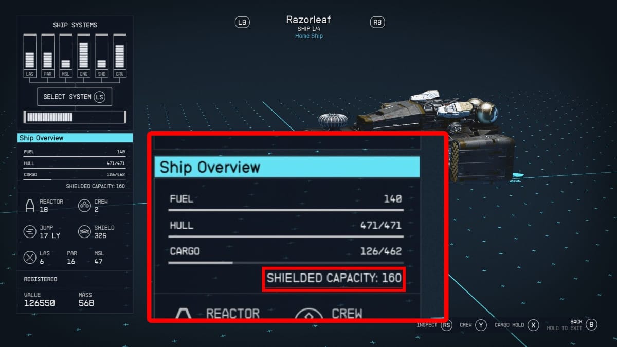 Starfield screenshot showing a spaceship screen with the shielded capacity of a ship highlighted in red boxes