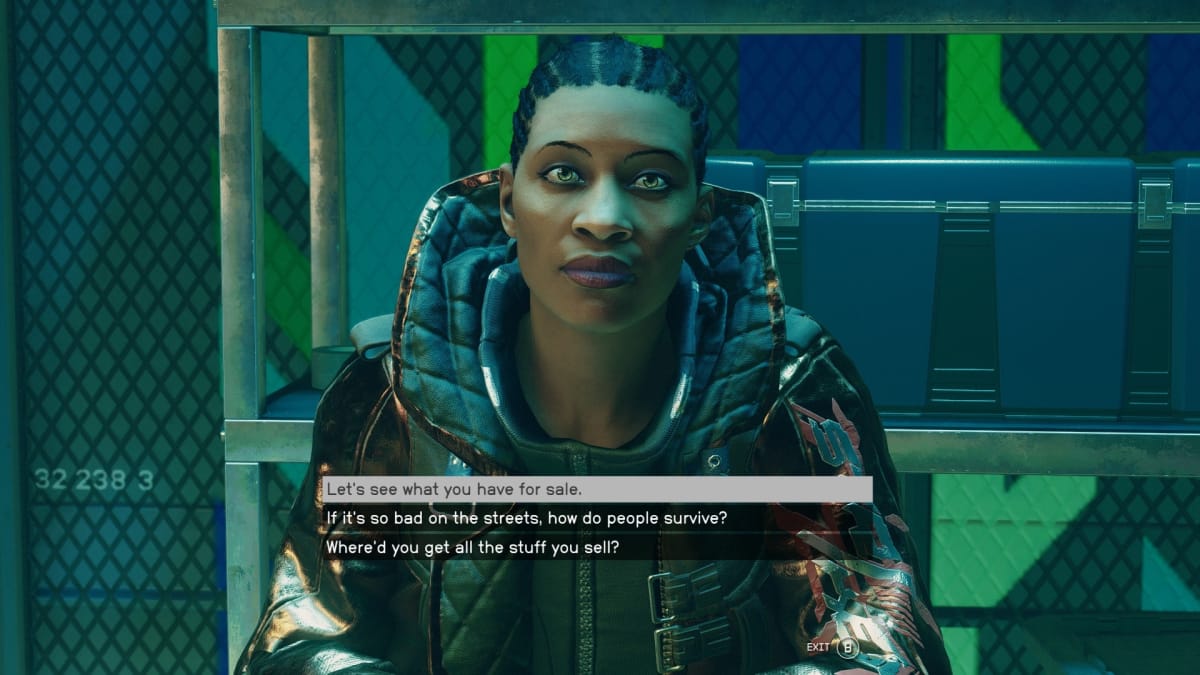 Starfield screenshot showing a woman in futeristic gang attire staring at the viewer with dialogue options laid out underneath her