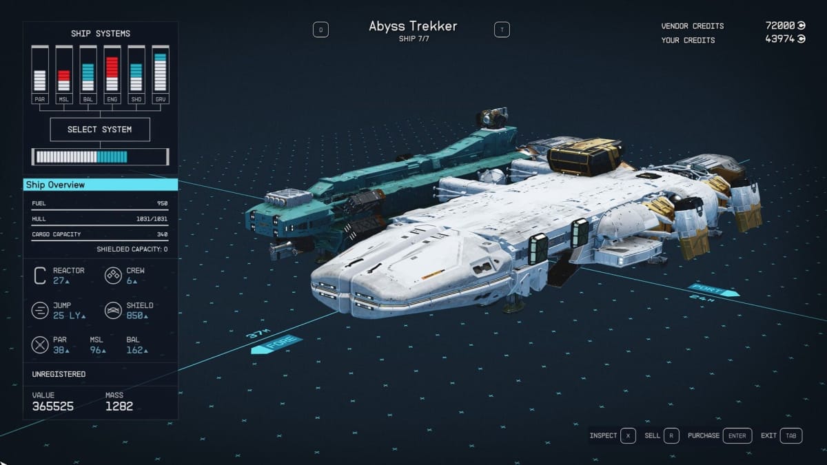 Starfield Abyss Trekker Ship Stats Page