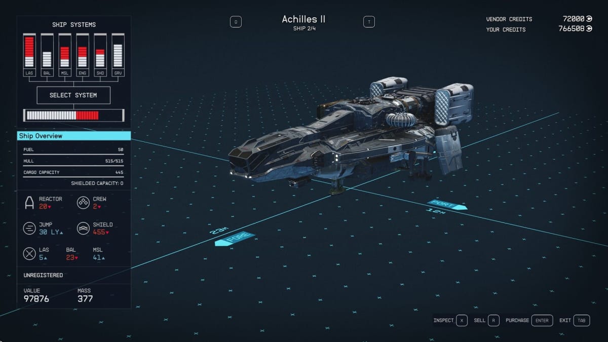 Starfield Achilles II Ship Stats Page