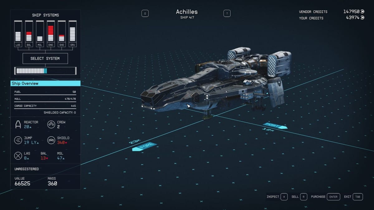Starfield Achilles Ship Stats Page