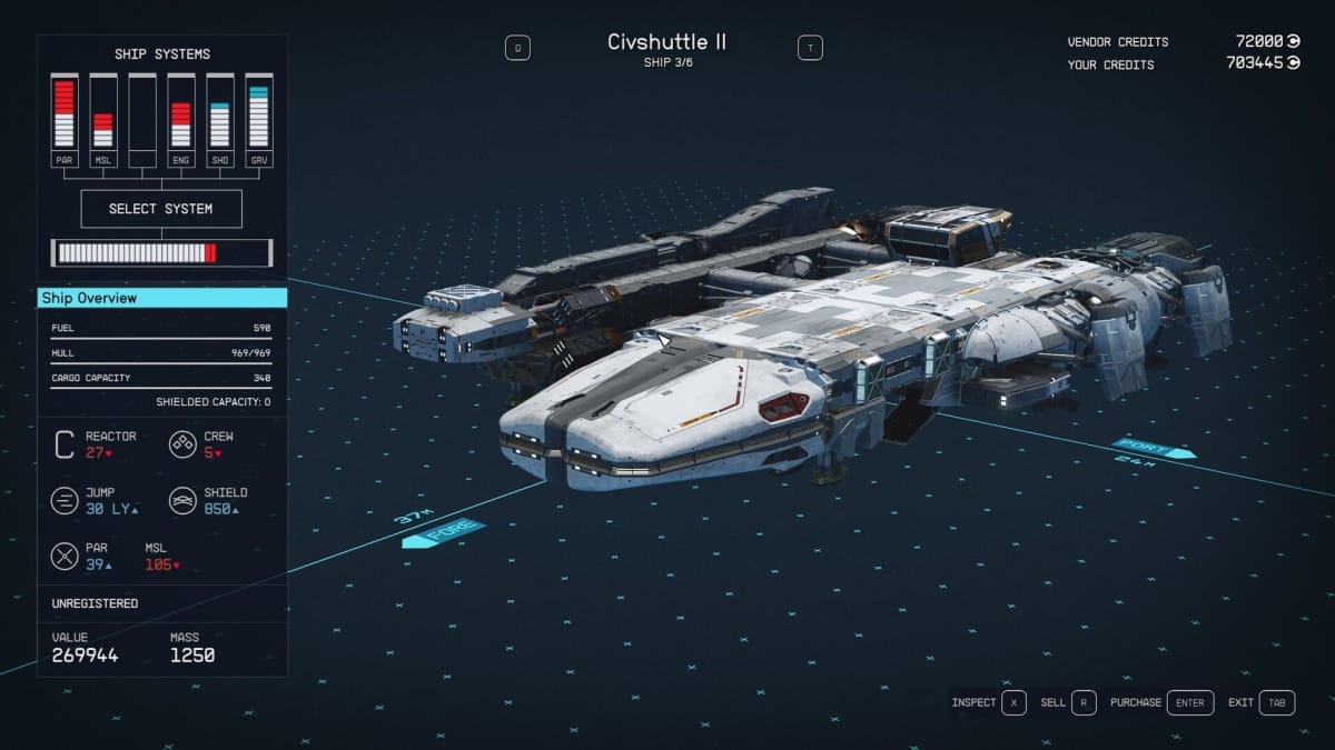 Starfield Civshuttle II Ship Stats Page
