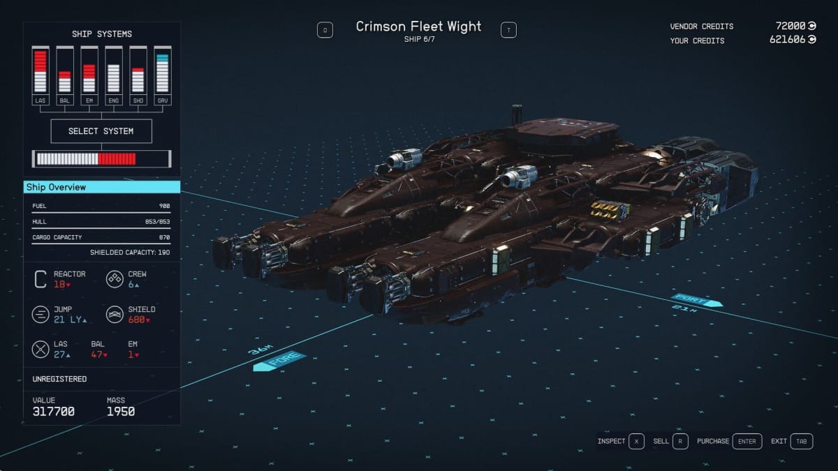 Starfield Wight Ship Stats Page