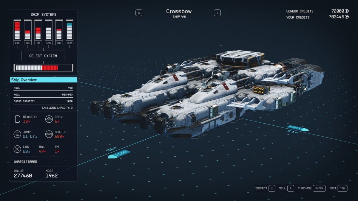Starfield Crossbow Ship Stats Page