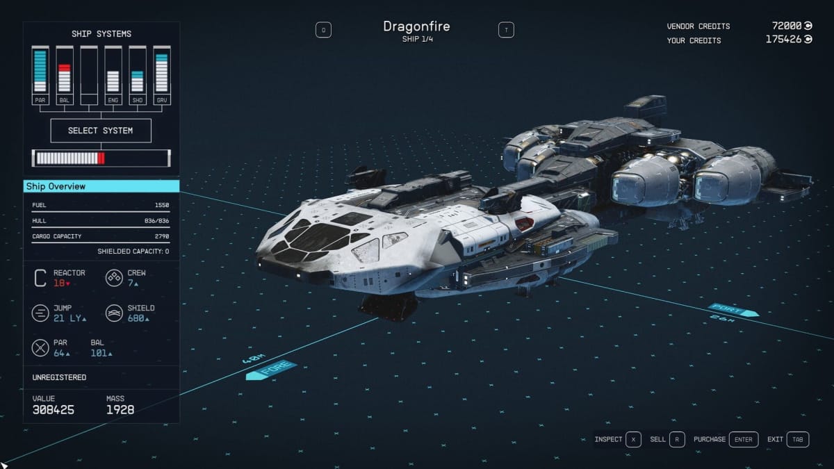 Starfield Dragonfire Ship Stats Page