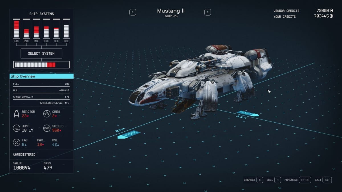 Starfield Mustang II Ship Stats Page