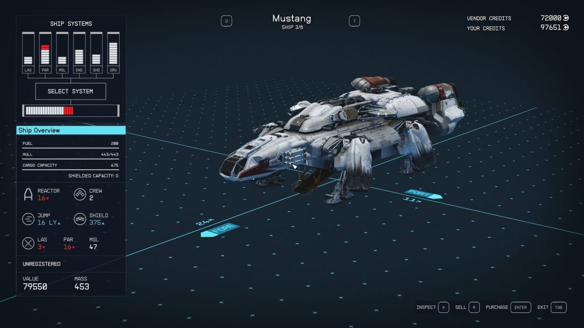 Starfield Mustang Ship Stats Page