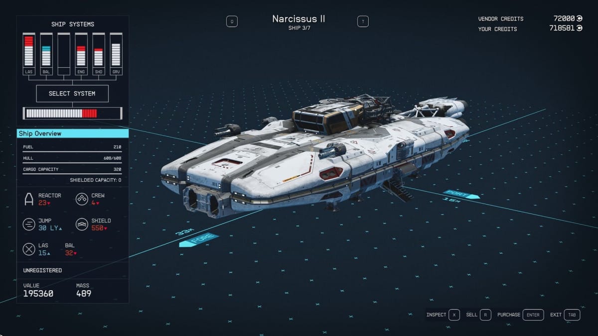 Starfield Narcissus II Ship Stats Page