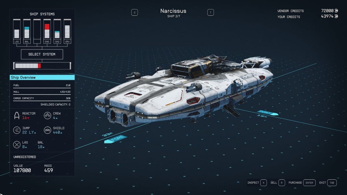 Starfield Narcissus Ship Stats Page