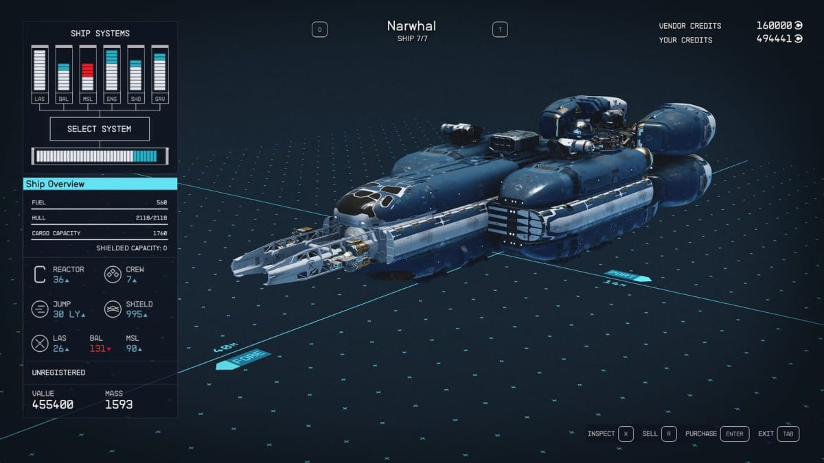 Starfield Narwhal Ship Stats Page