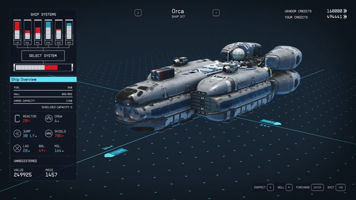 Starfield Orca Ship Stats Page
