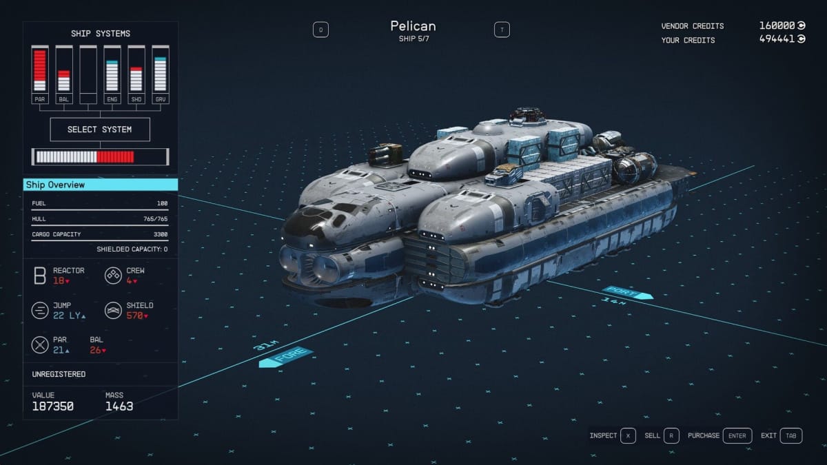 Starfield Pelican Ship Stats Page