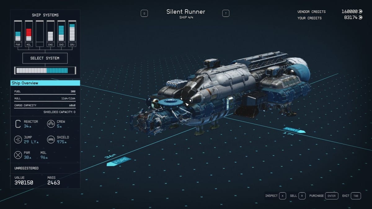 Starfield Silent Runner Ship Stats Page