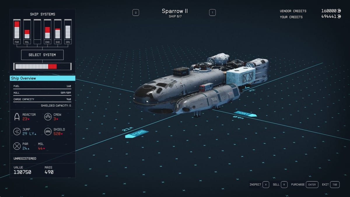 Starfield Sparrow II Ship Stats Page