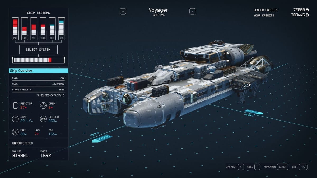 Starfield Voyager Ship Stats Page