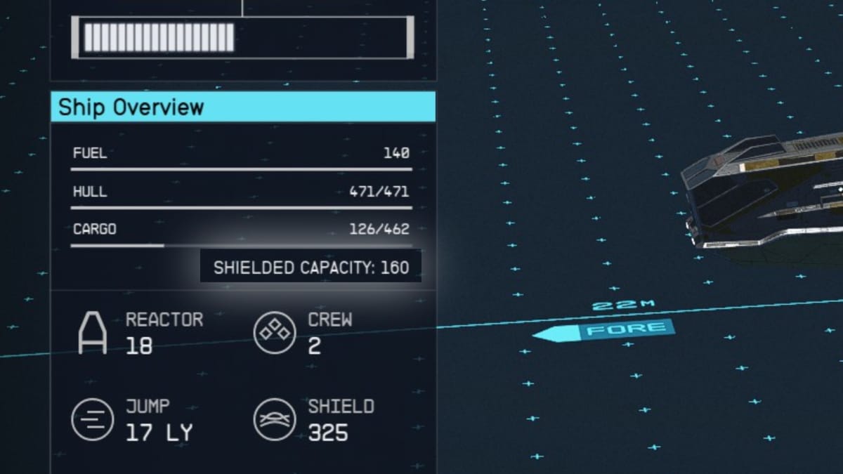 starfield shipyard HUD close up with a highlighted SHIELDED CAPACITY reading
