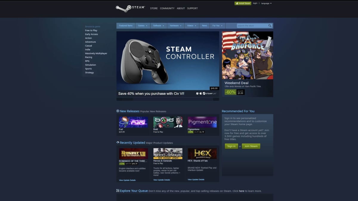 The Steam store page as it appeared in 2016 after the Steam Discovery 2.0 update, courtesy of the Wayback Machine