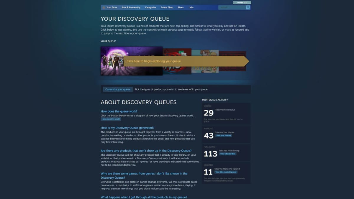 A Steam window showing a user's Steam Discovery queue