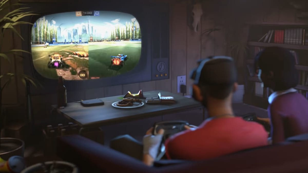 Scout from Team Fortress 2 alongside his partner playing a Steam Link game on his TV, meant to represent the announcement of the Steam Machine
