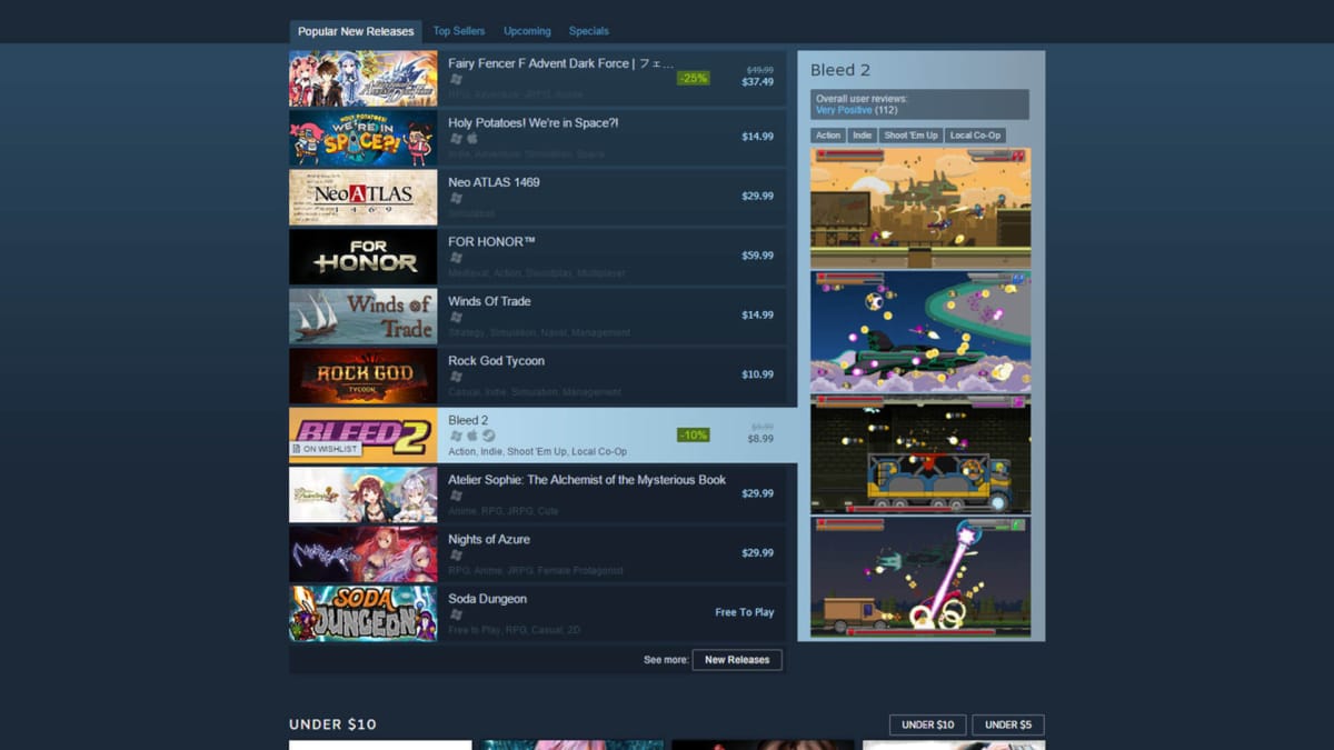 A list of new releases on the Steam homepage from 2017