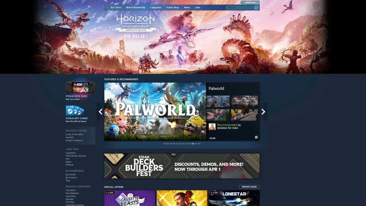 A view of the Steam store front page
