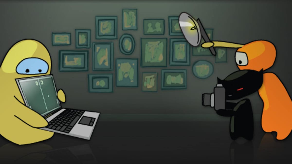 A Steam cartoon featuring a little yellow jellybean figure holding a laptop while two other figures film it