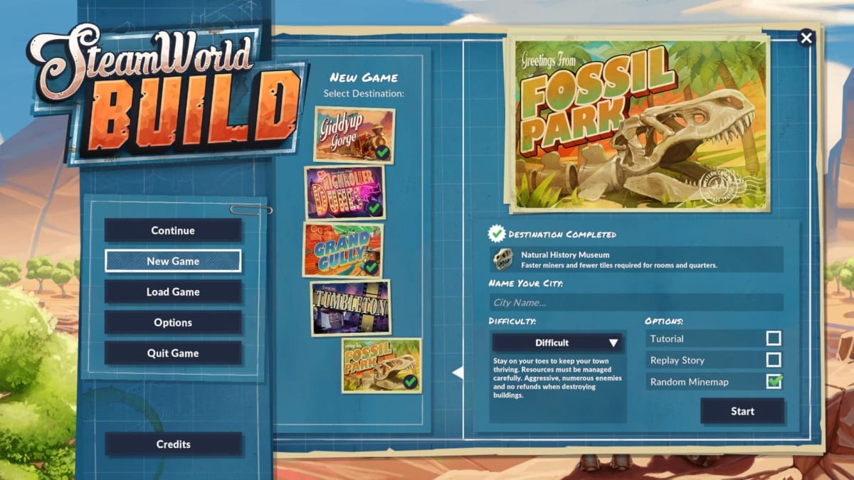 Image of New Game in SteamWorld Build with Fossil Park Highlighted