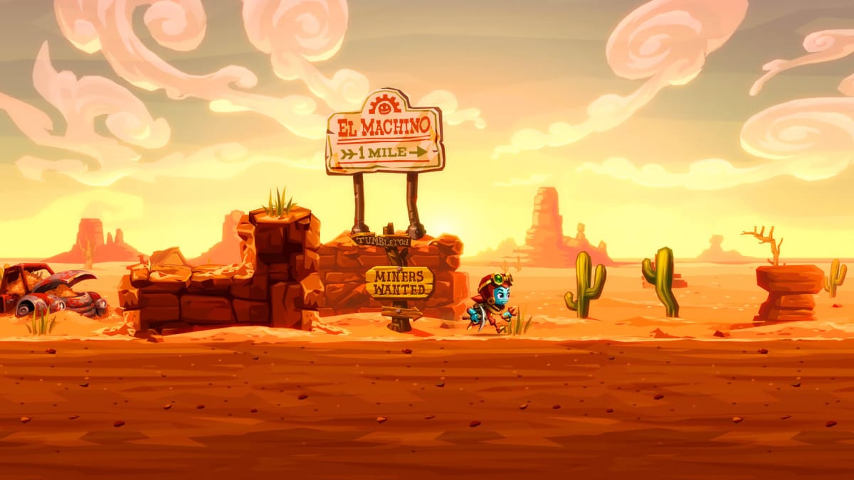 Dorothy running towards the town of El Machino in SteamWorld Dig 2