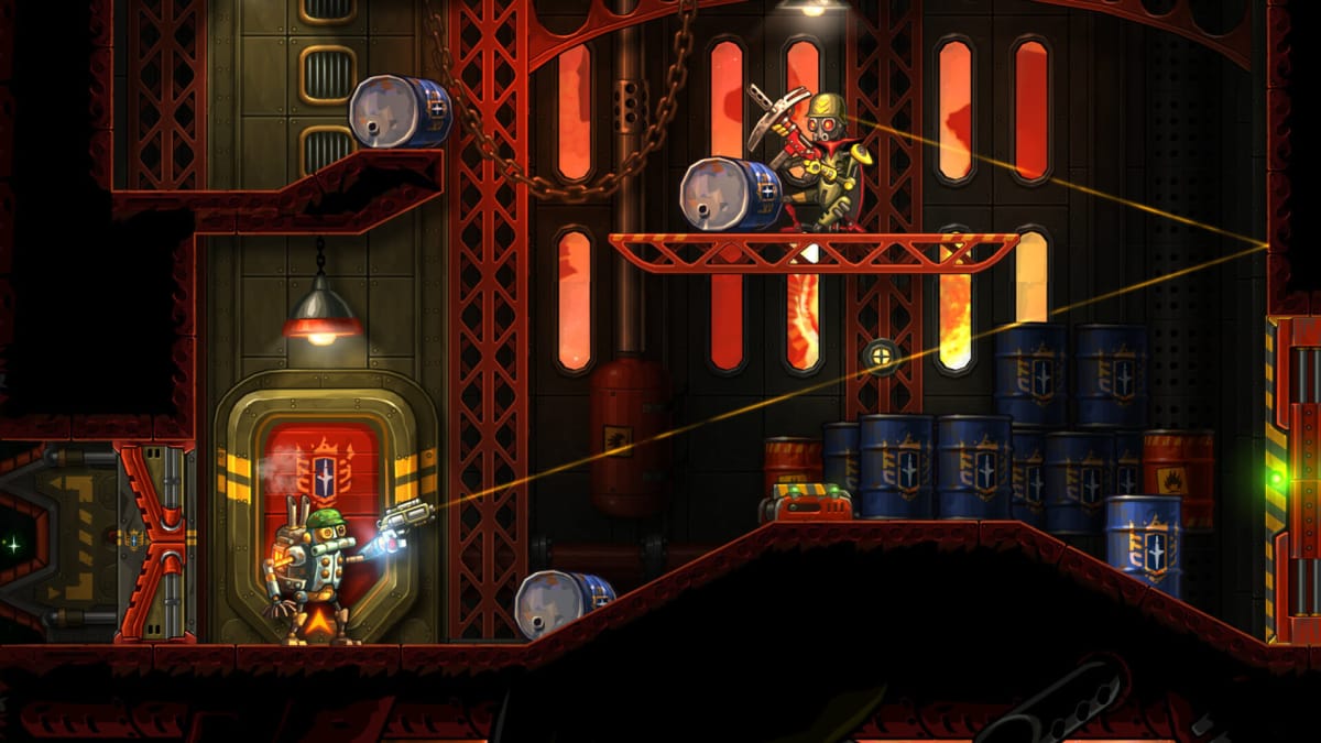 A character aiming a ricochet shot in SteamWorld Heist, released on the Nintendo Wii U eShop in 2016