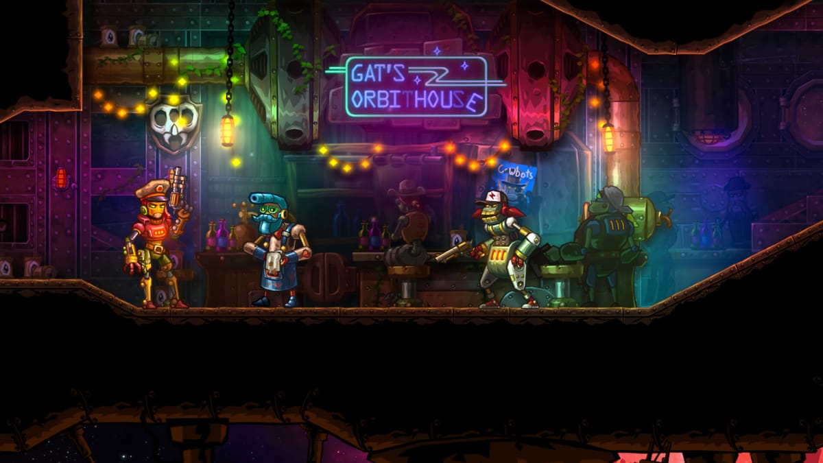 Three robots standing outside a location with a sign saying "Gat's Orbithouse" in SteamWorld Heist, a Thunderful game