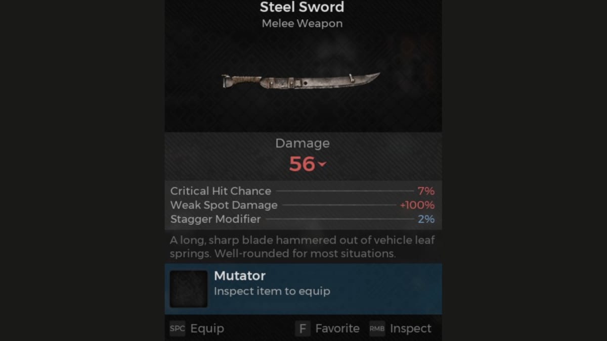 Steel Sword screenshot of weapon panel from Remnant 2