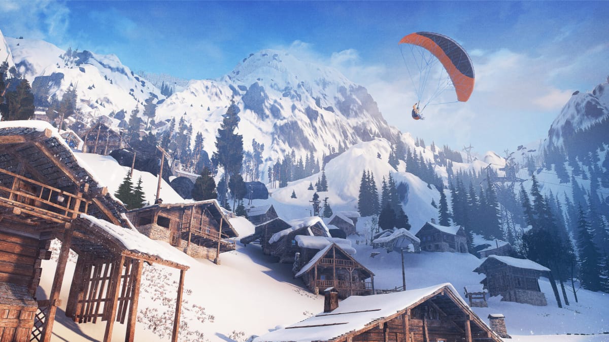 A character parachuting over a picturesque snowy village in Steep
