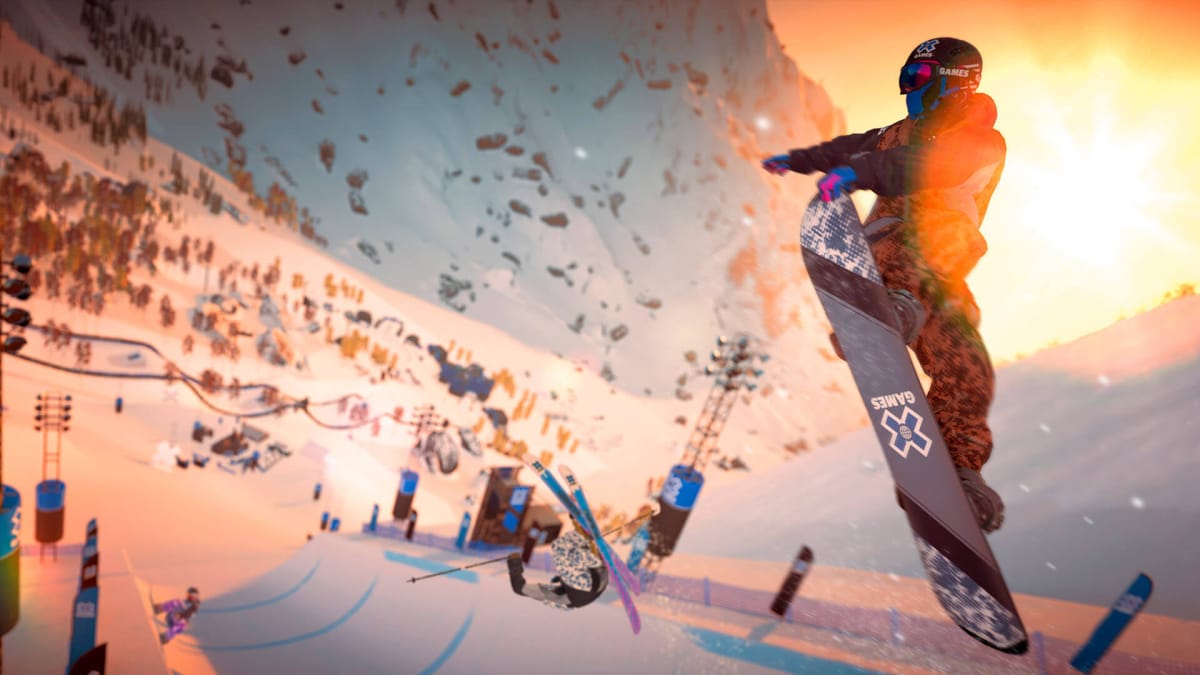 A snowboarder leaping over a half-pipe track in Steep