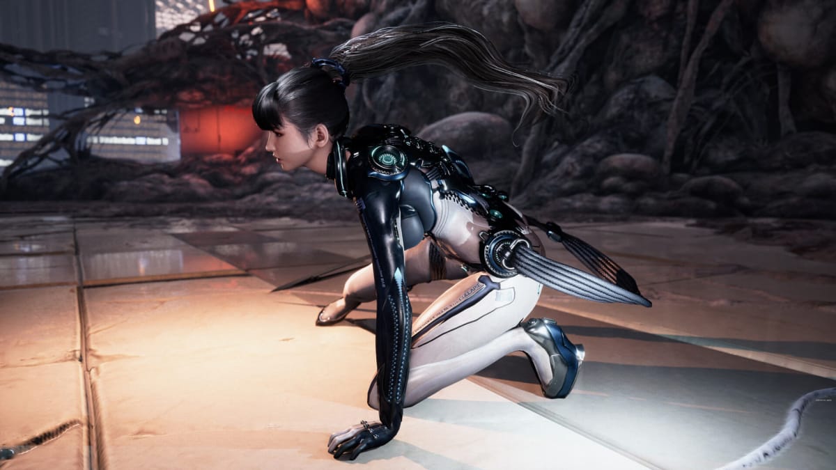 Eve crouching in the Shift Up game Stellar Blade