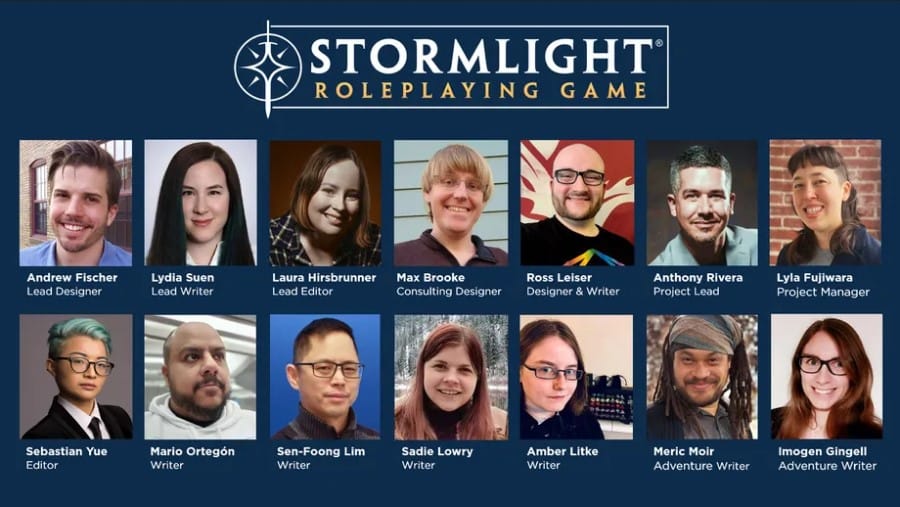 A collection of credited profile images of the development team behind the Stormlight Archives TTRPG