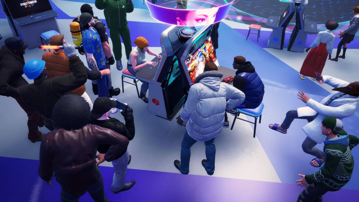 A group of players standing around while two players fervently play Street Fighter 6 in an arcade (within Street Fighter 6)
