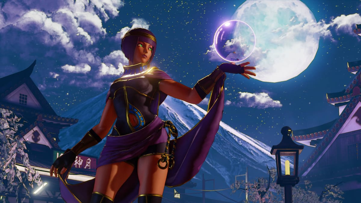 Menat with an orb floating above her hand in Street Fighter V