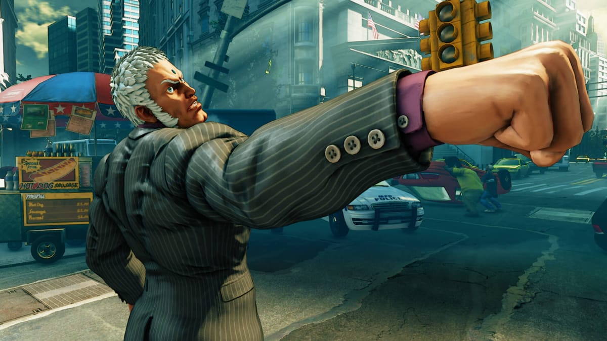 Urien with his fist outstretched in Street Fighter V