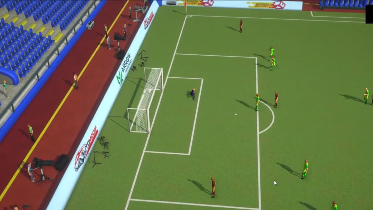 A soccer game in progress in Striker Manager 3, a blockchain game on the Epic Games Store