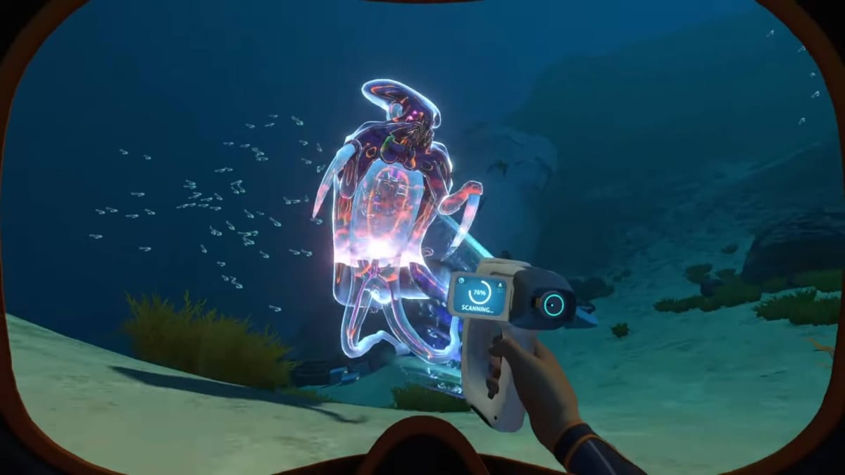 The player scanning an alien creature underwater in Subnautica, representing the 2024 release of Subnautica 2