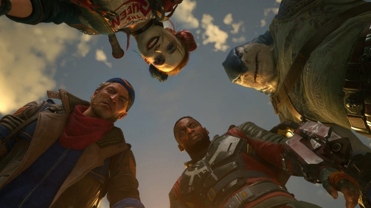 The four members of the Suicide Squad looking down at the camera in Suicide Squad: Kill the Justice League