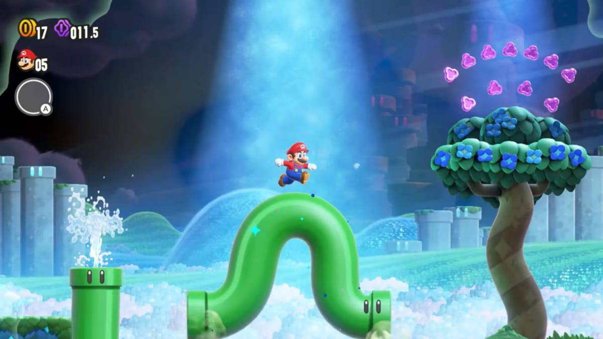 Mario riding a pipe that's snaking its way through a level in Super Mario Bros. Wonder, which is number three in the UK boxed sales charts
