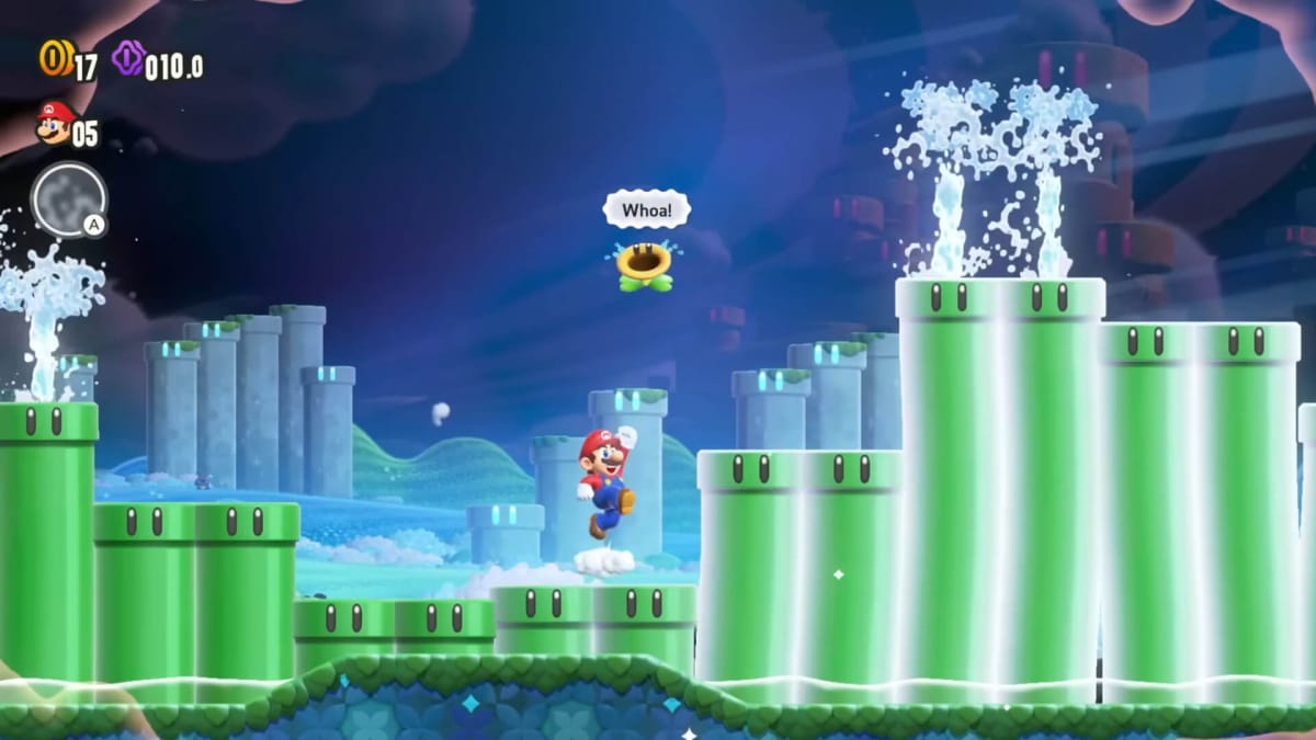 Mario leaping over pipes after collecting the Wonder Flower in the UK boxed sales charts' number two game, Super Mario Bros. Wonder