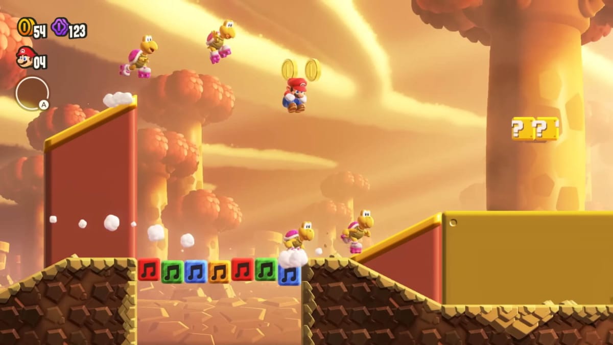 Mario leaping past some rollerskating Koopas in Super Mario Bros. Wonder, which is at number two in the UK boxed sales charts this week