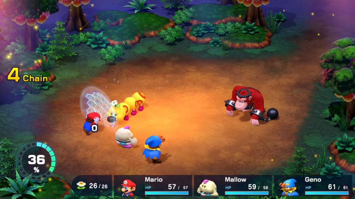 A combat scene featuring Mario, Mallow, Geno, and Donkey Kong in the Super Mario RPG remake, which could be featured during tomorrow's Nintendo Direct