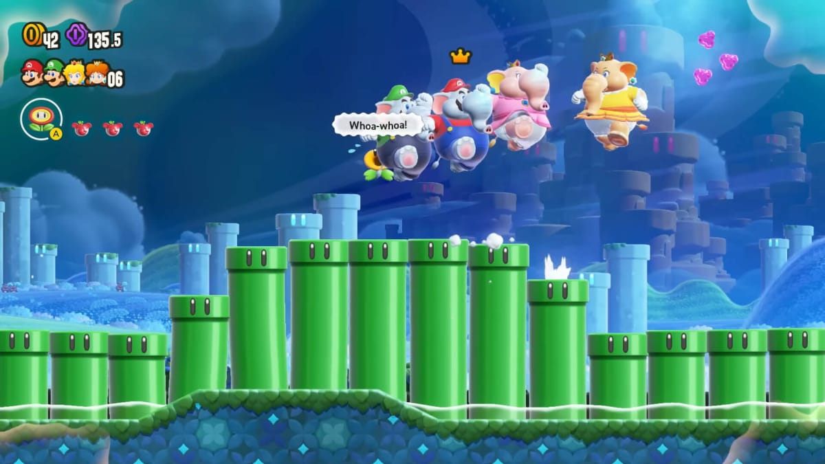 Mario, Luigi, Peach, and Daisy each in elephant forms jumping on a series of pipes.