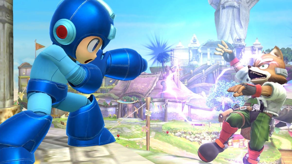 Mega Man firing at Fox McCloud in Super Smash Bros, shown off during the Nintendo E3 2013 presentation