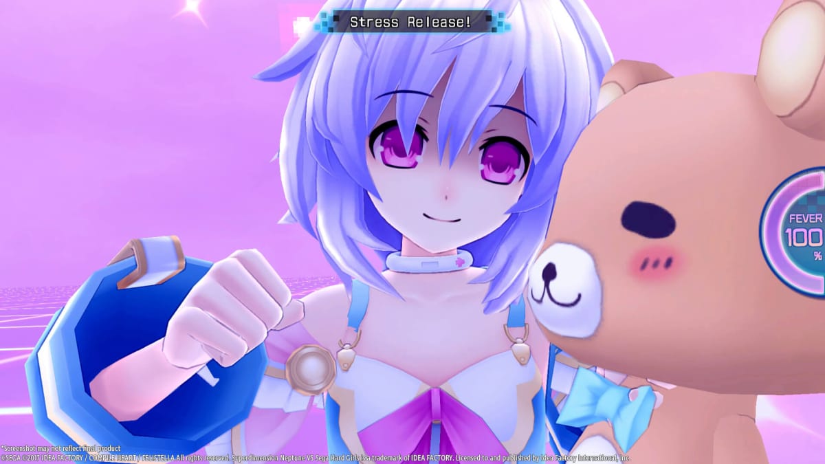 An anime character about to punch a teddy bear in the Idea Factory game Superdimension Neptune vs. Sega Hard Girls