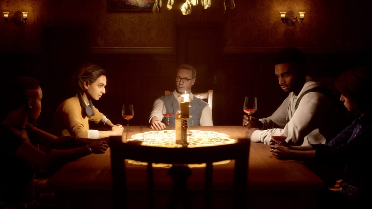 Several characters sitting around a table in the Supermassive Games title The Dark Pictures Anthology: The Devil in Me