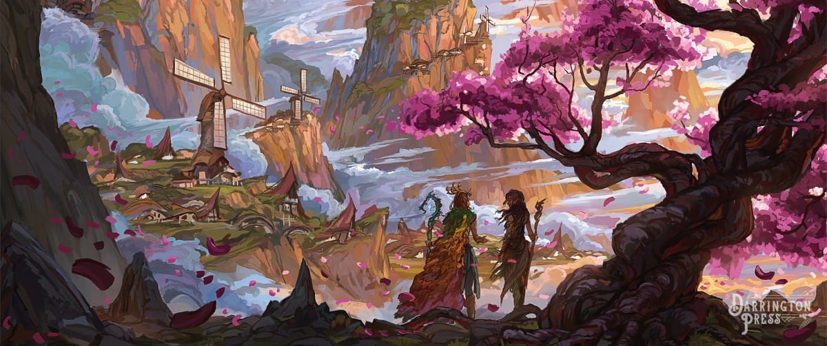 Artwork from Tal'Dorei Reborn, featuring two Ashari Elves looking over a mountain village, two windmills can be seen in the distance